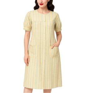 Vintage 60s 70s Seersucker House Coat Striped Lounge Dress Ric Rac Trim Mumu